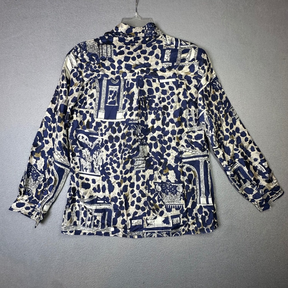 Metro Express 100% Silk Blouse Architectural Animal Print Blue Cream Vintage S - Picture 8 of 9